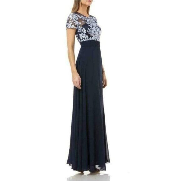 NWT JS COLLECTIONS Floral Embroidered Lace Illusion Neck Gown Maxi Dress - Picture 2 of 9
